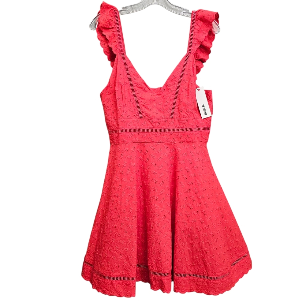 BB Dakota Red Eyelet Nwt Glow Cap Ruffle Sleeve Ladder Stitch Fit & Flare Dress